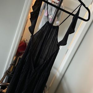 Black satin open back romper